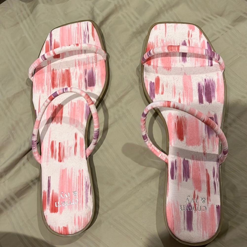 Pink and purple flip flops